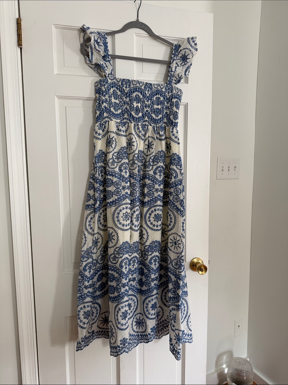 Blue and White Smocked Maxi Dress with Ruffled Shoulder Straps